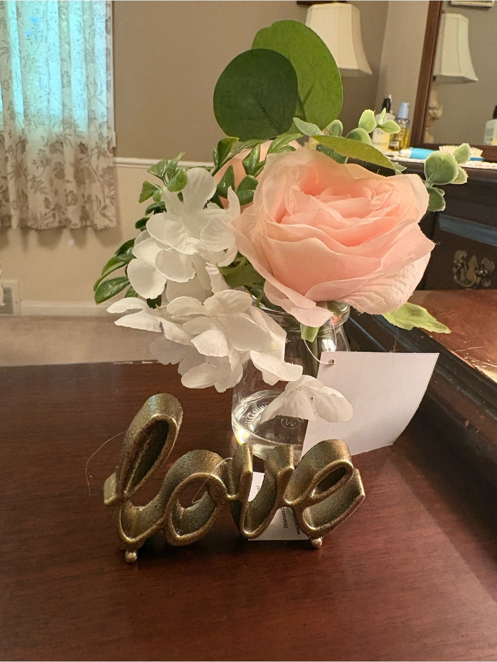 🌸 Artificial Pink Rose and White Hydrangea Arrangement with Silver 'Love' Accent